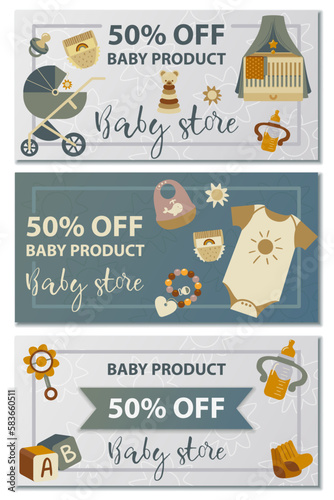 Set of flyers for baby store. Vector illustration for poster, banner, flyer, advertising, promo, commercial. Cute poligraphy for baby shop advertising leaflets.Price label illustration.