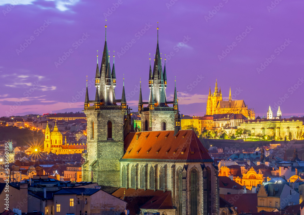 Prague cityscape at sunset with church of Our Lady before Tyn and Prague castle at background, Czech Republic