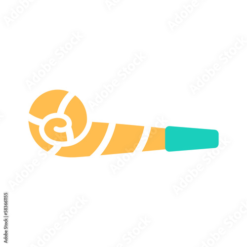Color Birthday whistle flat icon isolated on white background. Striped yellow event decoration design. Abstract minimal anniversary celebration toy. Fun party blowing noisemaker vector illustration. photo