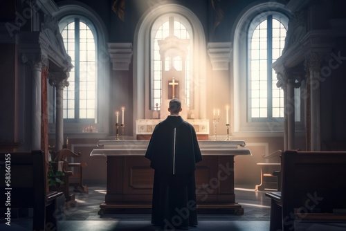 Christian priest standing by the altar. AI generated photo