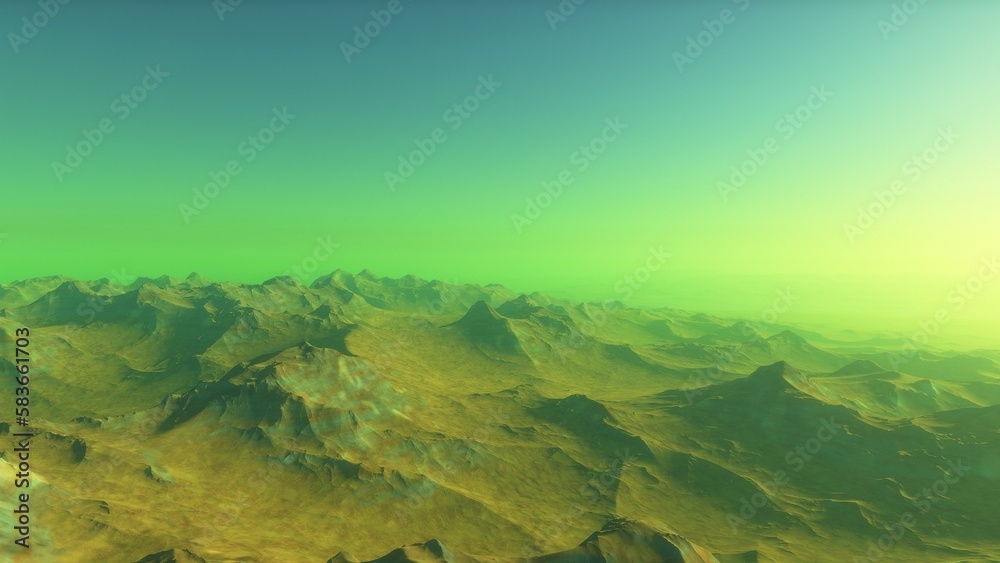 Naklejka premium Mars like red planet, with arid landscape, rocky hills and mountains, for space exploration and science fiction backgrounds. 