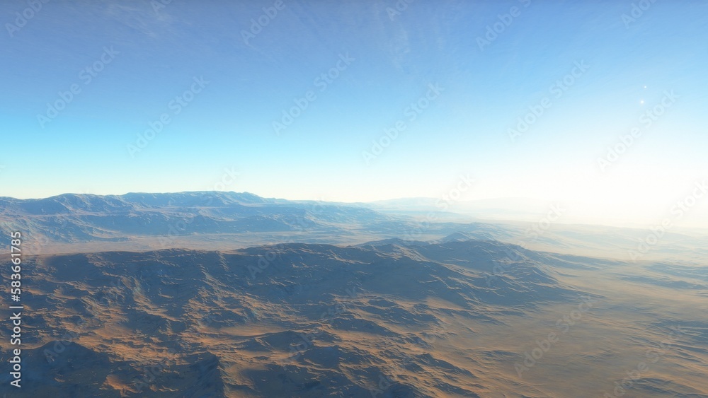 Mars like red planet, with arid landscape, rocky hills and mountains, for space exploration and science fiction backgrounds.
Mars like red planet, with arid landscape, rocky hills and mountains, for space exploration and science fiction backgrounds.
