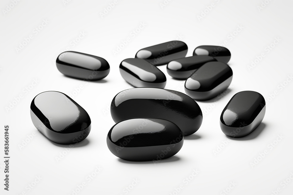 Many black glossy pills on light background. Generative AI.
