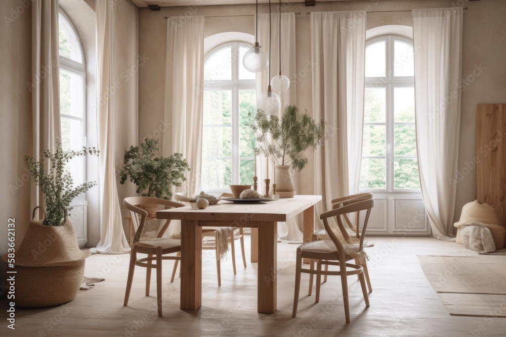 White and beige farmhouse dining room with bleached oak table and chairs. Plaster walls, bohemian decor,. Generative AI
