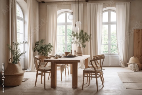 White and beige farmhouse dining room with bleached oak table and chairs. Plaster walls, bohemian decor,. Generative AI © 2rogan