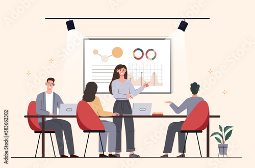 Business training concept. Men and women sit near whiteboard with graphs and charts. Working with statistics. Board of directors, brainstorming and presentation. Cartoon flat vector illustration