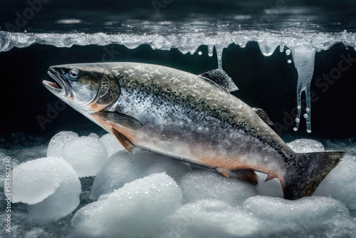 Wild salmon on ice. AI generated