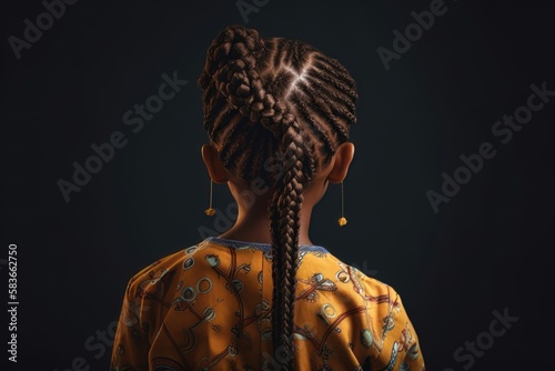 Child girl with zizi braids in afro style, rear view. AI generated photo