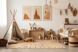 Boho kids' rooms include wooden frames and paintings. Generative AI