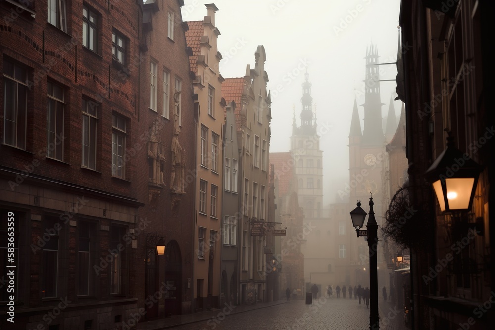 Polish, Czech, Vienna, city street, fog, generative ai