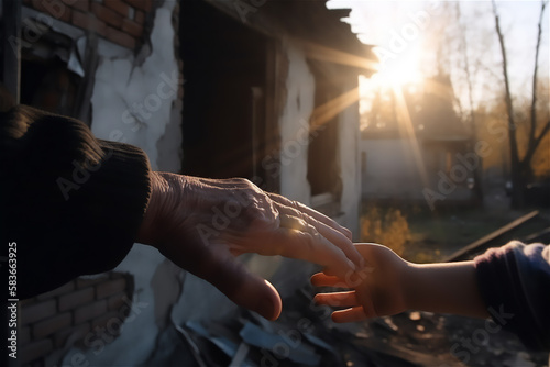 the hand of an elderly person holds the hand of a child against the background of a destroyed house in the backlight
