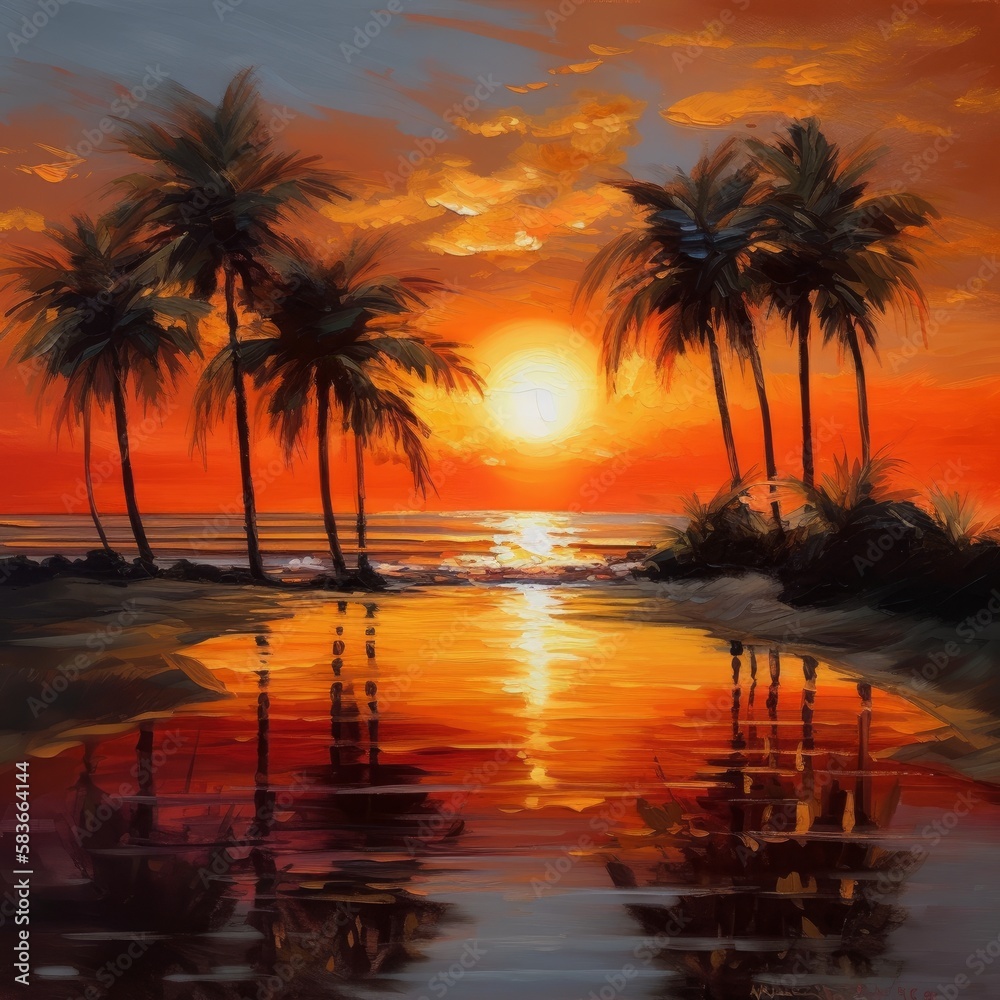 A painting of sunset with palm trees