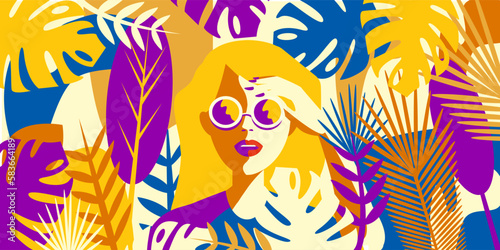 Vector illustration of a girl among colorful leaves.