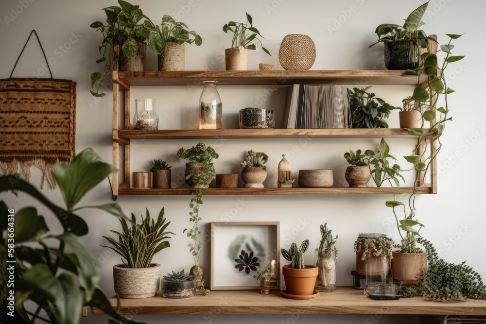 Fototapeta premium Wooden shelf with lovely houseplants and décor on light wall in room. Generative AI