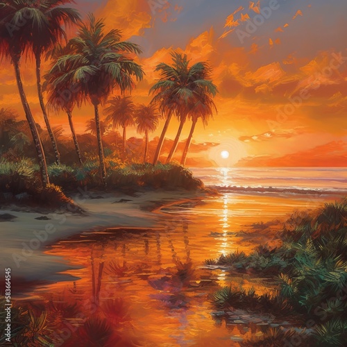 A painting of sunset with palm trees