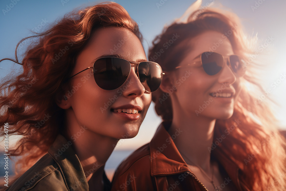 Happy young women at seaside in summer, fictitious person. AI generated image Happy young women at seaside in summer, fictitious person. AI generated image