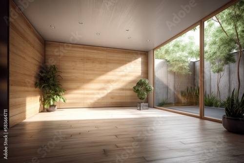 Vacant minimalist living room with little yard Wooden walls, ceilings, floors, concealed lighting, and glass windows. Generative AI