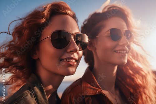 Happy young women at seaside in summer, fictitious person. AI generated image