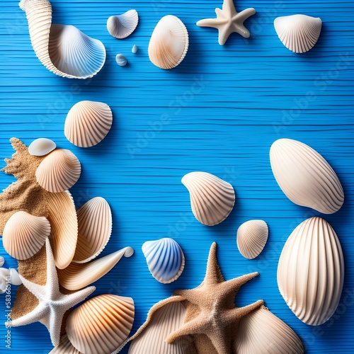 Seashells on a blue wooden background and sand - generative ai