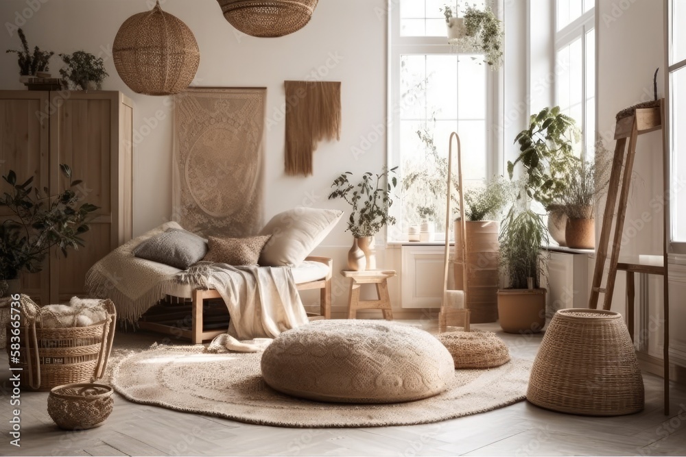 Obraz premium Scandi bohemian home mockup, beige room with natural wooden furnishings. Generative AI