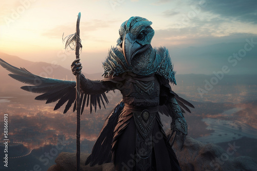 AI-Generated Epic DND Paladin Aarakocra Bird Character, From the Elemental Plane of Air and Faerun's Kenku Playable Race atop of a Mountain photo