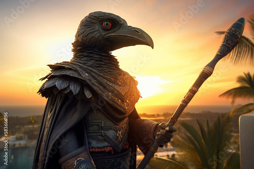 AI-Generated Epic DND Paladin Aarakocra Bird Character, From the Elemental Plane of Air and Faerun's Kenku Playable Race atop of a Mountain photo