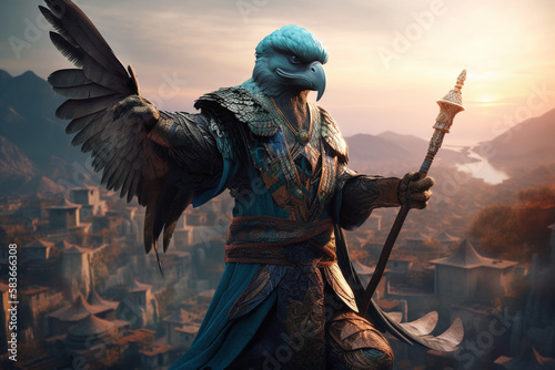 AI-Generated DND Paladin Aarakocra Bird Character, From the Elemental Plane of Air and Faerun's Kenku Playable Race atop of a Mountain photo