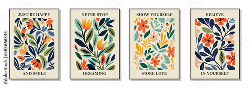 Set of 4 botanical wall art posters, brochure, flyer templates, contemporary collage. Organic shapes, line floral pattern with positive motivational, inspirational quotes.