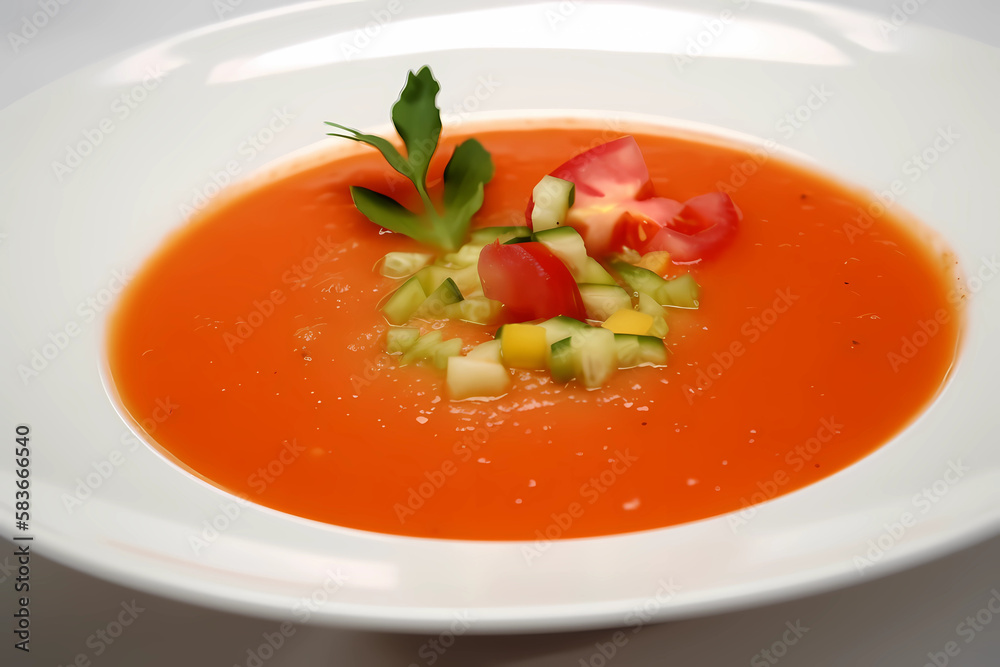 Gazpacho - Andalusia - Tomatoes, cucumbers, bell peppers, onion, garlic, bread, olive oil, vinegar, water (Generative AI) Gazpacho - Andalusia - Tomatoes, cucumbers, bell peppers, onion, garlic, bread, olive oil, vinegar, water (Generative AI)