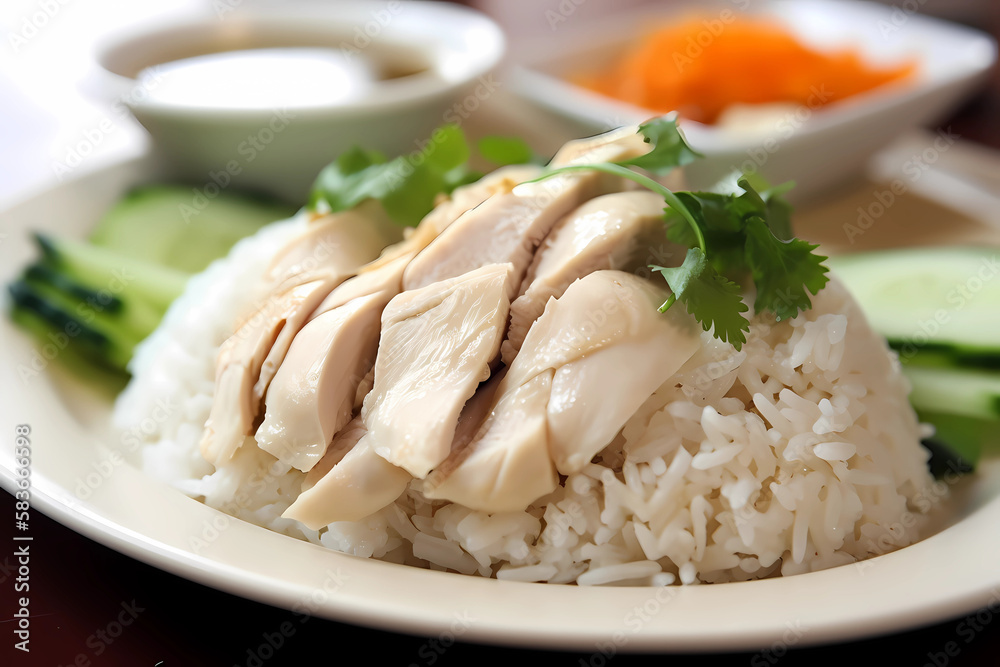 Hainanese Chicken Rice Thailand Chicken, rice, ginger, garlic, green onions, pandan leaves