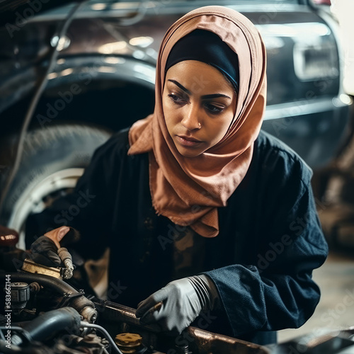 Focus muslim female mechanic wearing traditional headscarf and working on mechanic workshop repairing a car, generative ai image.