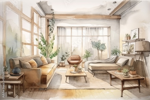 Watercolor living room interior scene in wabi sabi style, basic living idea, hand drawn artwork on white backdrop. Generative AI