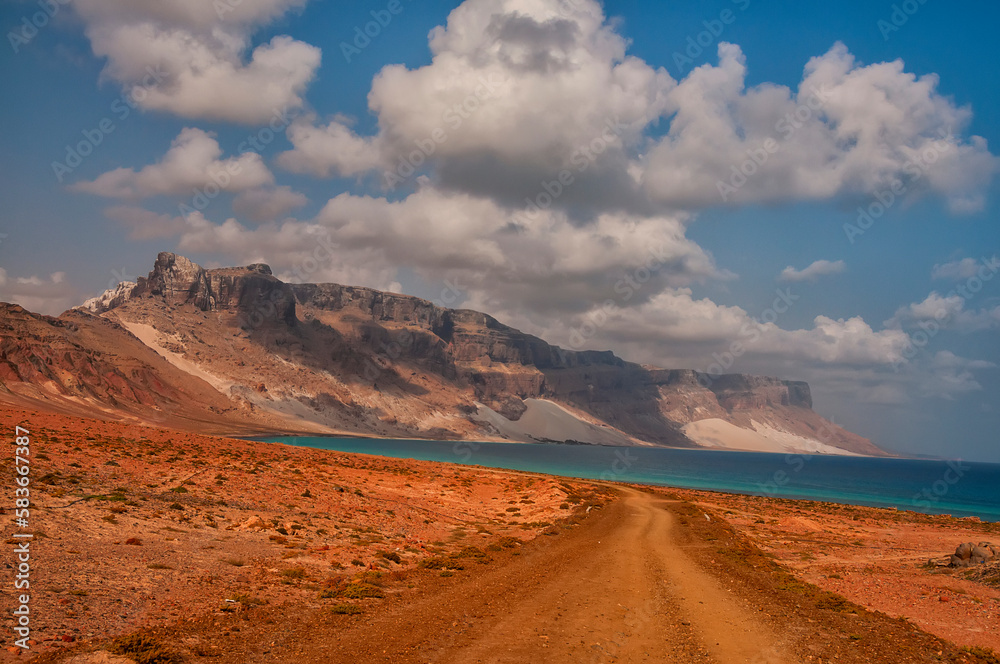 Beautiful fantastic deserted landscape of rocky coastline and beach on the Indian Ocean. Socotra Island. Yemen.