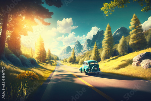 Summer trip with classic car on a mountain road, illustration generative AI