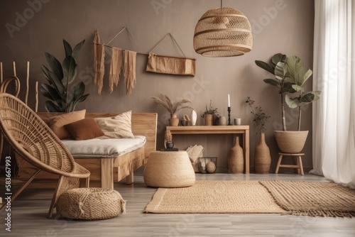 Living room design with dried leaf in vase, rattan baskets, plant, wooden wall, and personal belongings. bed. Boho themed cozy room. Generative AI