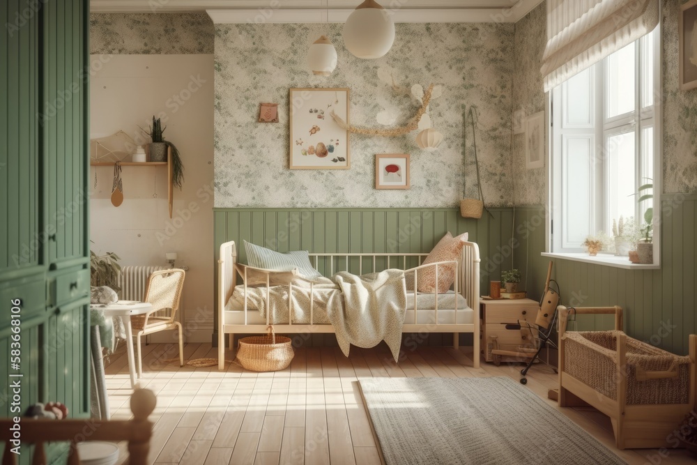 Green and beige farmhouse kids' bedroom. Wall mocked single bed