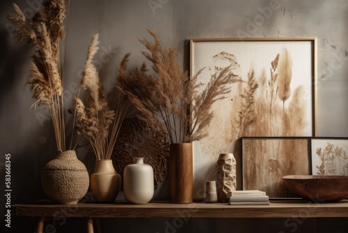 Vase with dried plants and artwork in chic room interior. Generative AI
