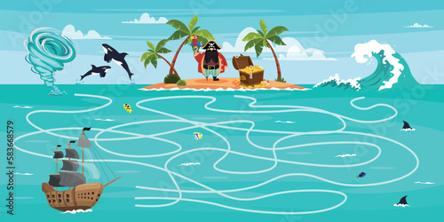 Vector illustration of childrens game a pirate island with treasures in cartoon style. An island with palm trees, a chest of gold and a pirate with a parrot. Sea storm.