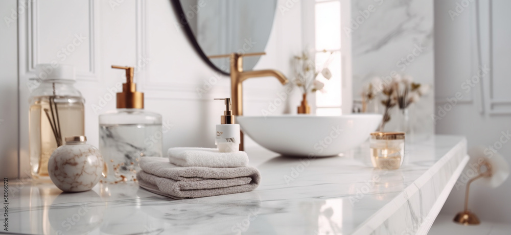White bathroom interior. Empty marble table top for product display with blurred bathroom interior,Generative AI White bathroom interior. Empty marble table top for product display with blurred bathroom interior,Generative AI