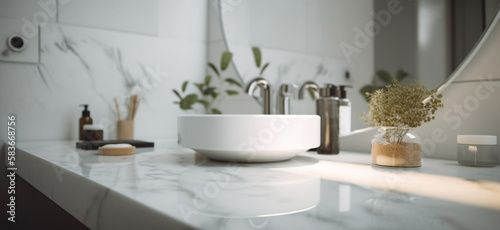 White bathroom interior. Empty marble table top for product display with blurred bathroom interior,Generative AI