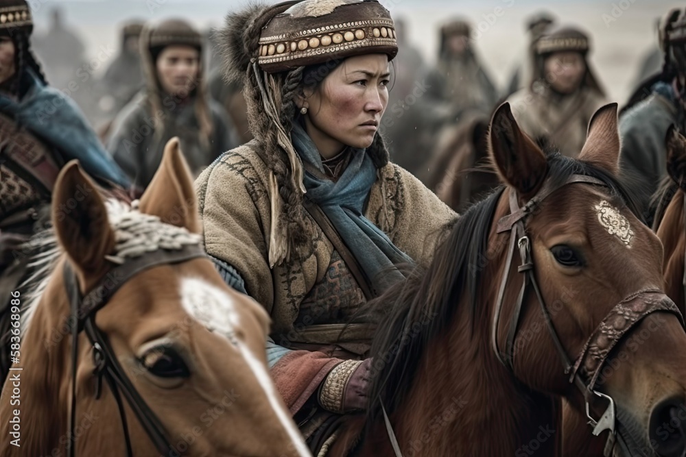 Genghis Khan's male and female Mongolian generals and warriors on the