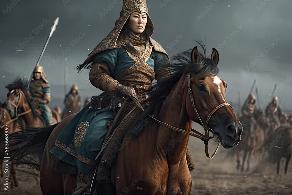 Genghis Khan's male and female Mongolian generals and warriors on the