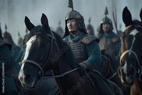 Genghis Khan's male and female Mongolian generals and warriors on the steppe © Hui
