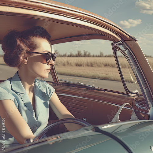AI generative Beautiful girl in a hat driving a retro car. Retro style. photo