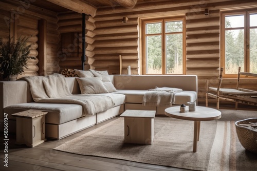 Bleached wood and beige log cabin living room. Carpet, fabric sofa, windows. Frame mockup, farmhouse interior,. Generative AI