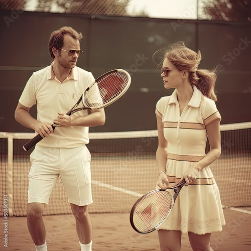 AI generative Young couple of tennis players on the tennis court. Retro style.