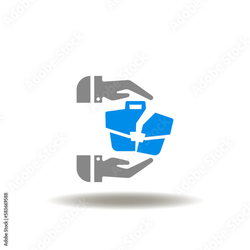 Vector illustration of hands palm care broken briefcase. Icon of job loss insurance. Symbol of business accident.