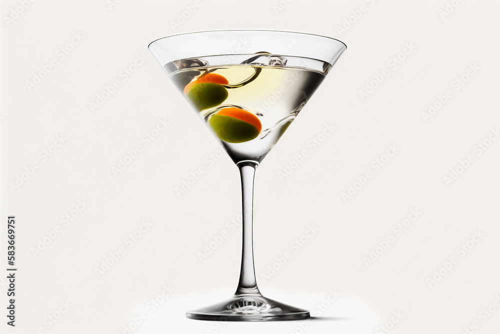 Dry martini drink in glass with olives on light background. Generative AI.