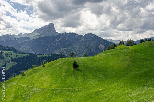 Rolling green meadows above La Val village with Sass de Putia mountain  Alta Badia  Dolomites  South Tyrol  Italy