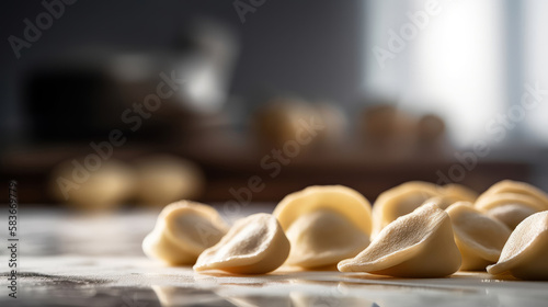 close-up photo of gorgeous delicious pierogi on light background, food photography, generative ai